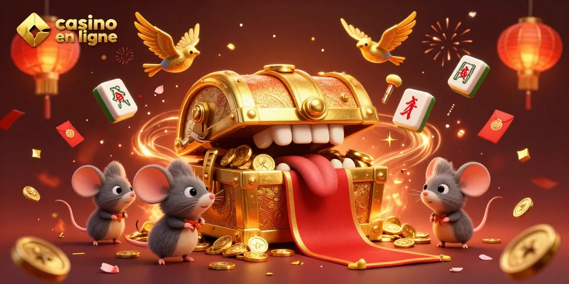 Jouez au casino en ligne avec une illustration captivante de coffre et trésors dorés.