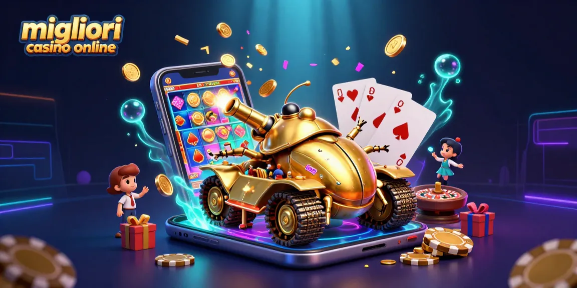 Scopri i migliori casino online con un carro armato d'oro che rivela un casinò in miniatura.