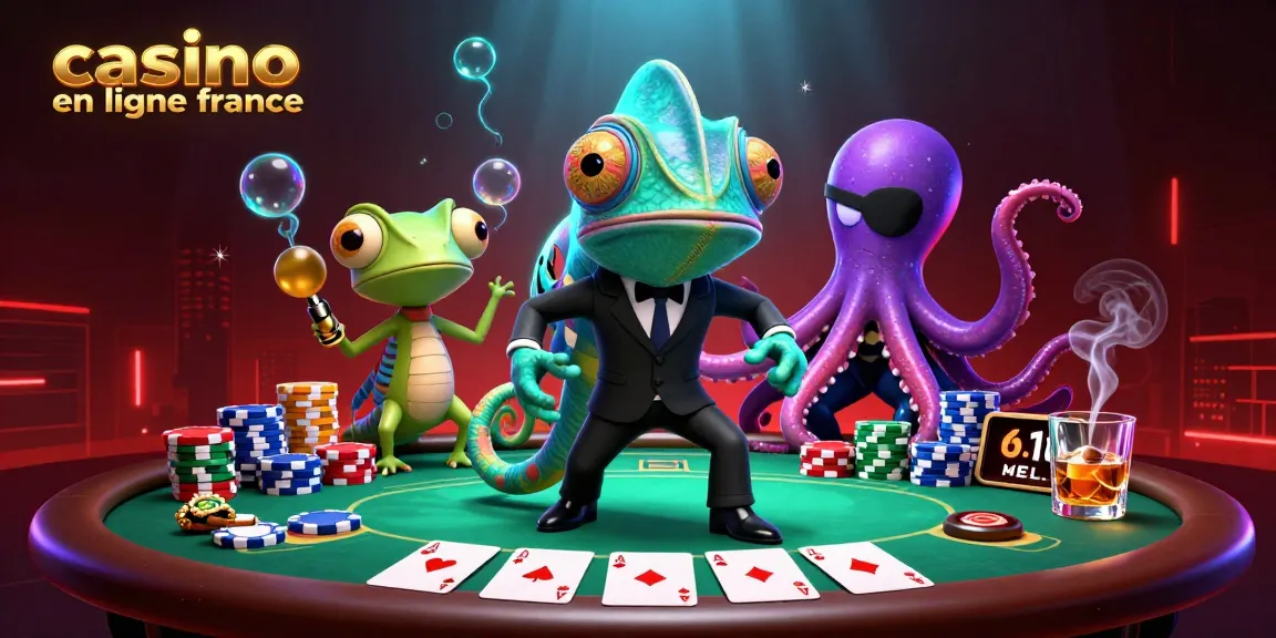 Une illustration 3D de "casino en ligne france" avec un caméléon agent secret et un gecko technologique autour d'une table de poker.