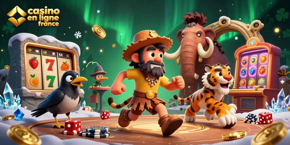 Illustration de casino en ligne France avec un homme des cavernes et un tigre à dents de sabre jouant ensemble dans une scène dynamique.