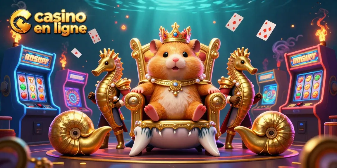 Jouez à casino en ligne avec le roi hamster au trône de requin, jeux colorés et ambiance dynamique.