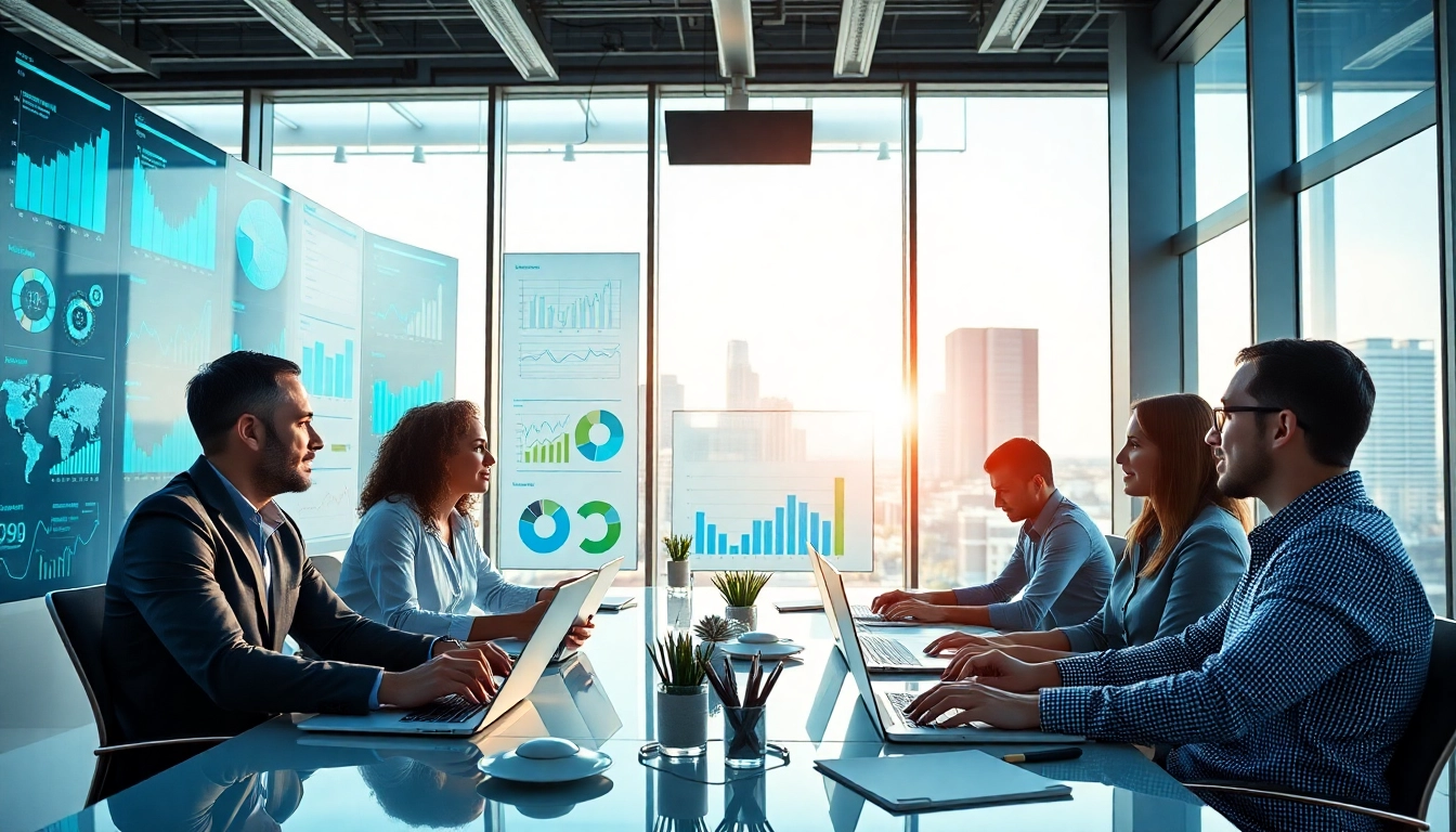 Engaged professionals analyzing b2b competitive intelligence data in a modern office.