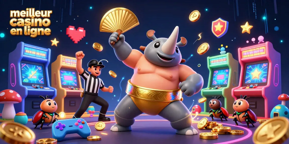 Découvrez le meilleur casino en ligne à travers une scène vivante avec un champion et des machines de jeux.