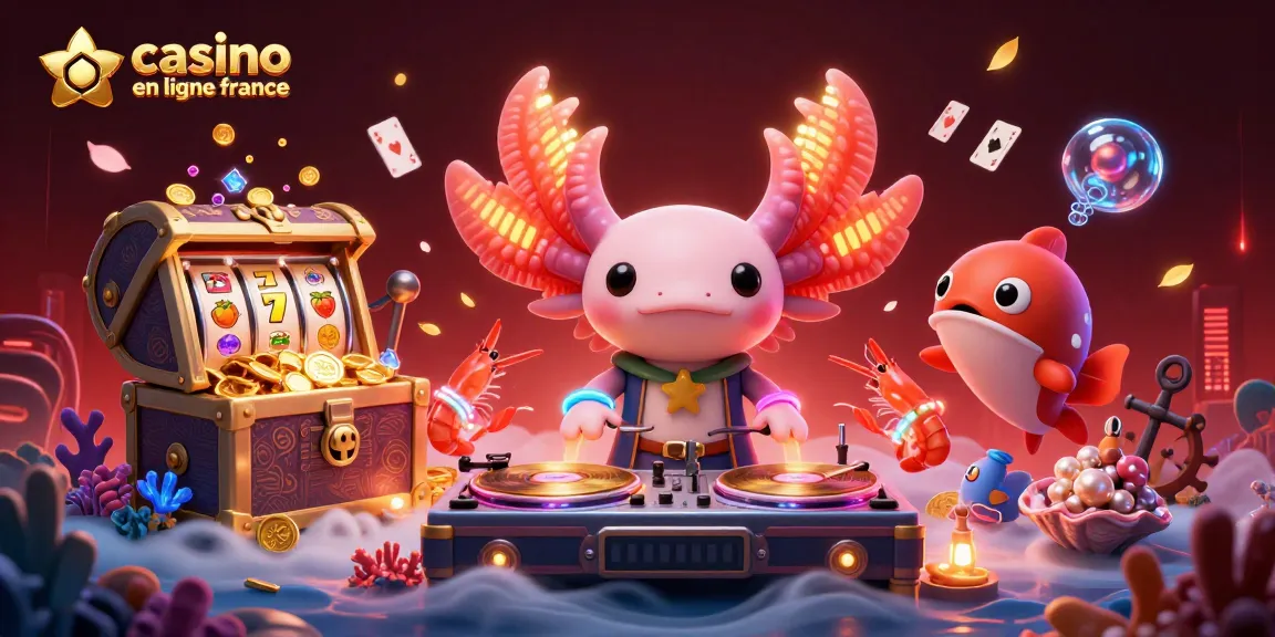 Vibrante illustration 3D du DJ axolotl dans un casino en ligne France avec des trésors sous-marins et des machines à sous.