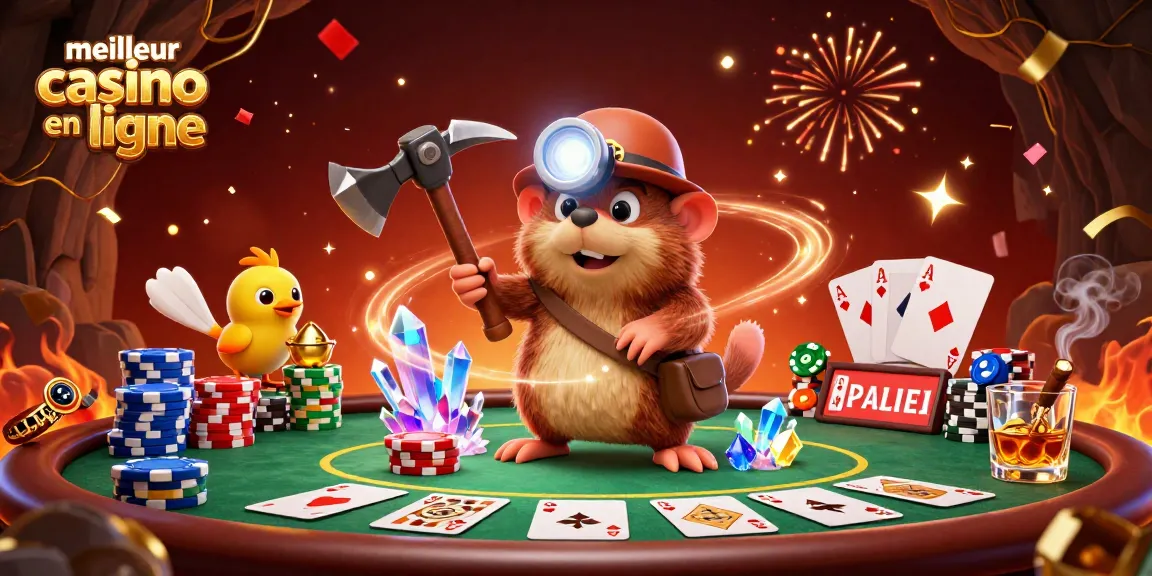 Profitez du meilleur casino en ligne avec une scène animée de jeu de poker et un personnage de taupe à l'exploration.