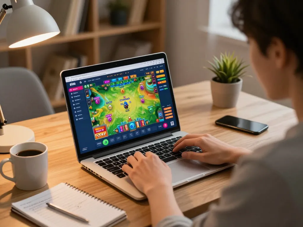 Tài xỉu online uy tín gameplay displayed on a laptop, showcasing strategic play in a cozy home gaming environment.