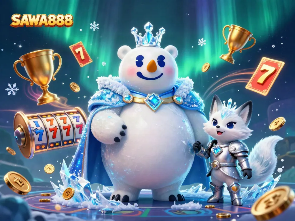 Experience thrilling gameplay with SAWA888's dynamic gaming scene featuring an ice king and snow fox in an energetic casino environment.
