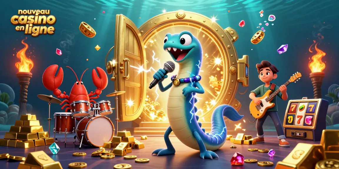 Illustration d'un nouveau casino en ligne avec une anguille DJ entourée par un groupe sous-marin vibrant.