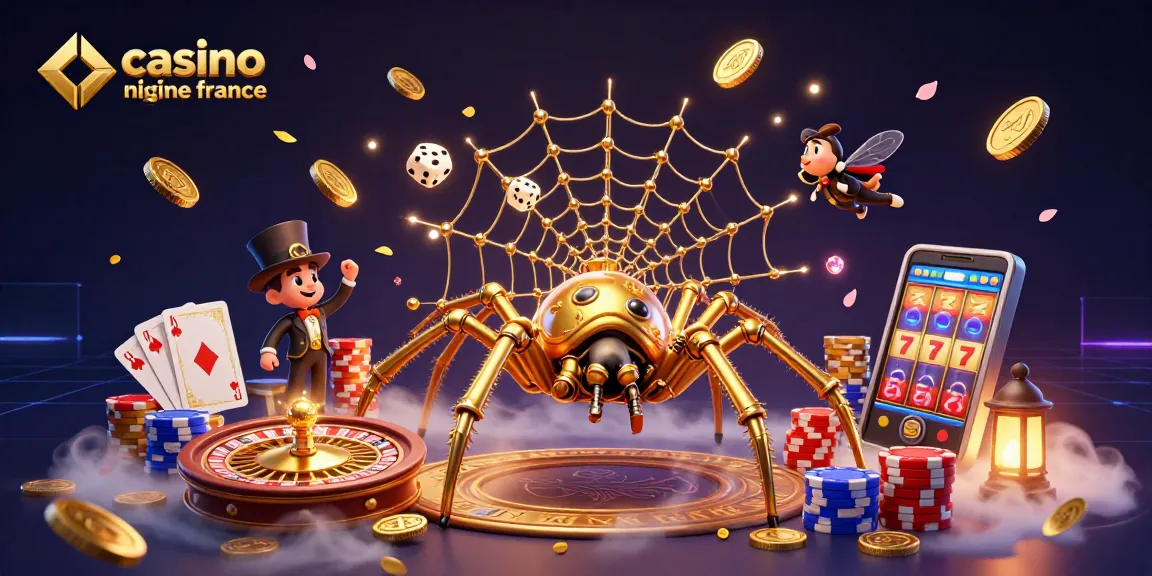 La scène captivante du casino en ligne France avec une araignée steampunk dorée et des éléments de jeu fascinants.
