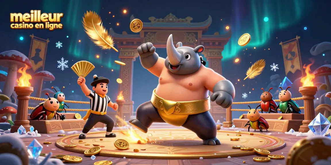 Illustration dynamique de meilleur casino en ligne avec un rhinocéros scarabée champion de sumo et des pièces d'or volantes.