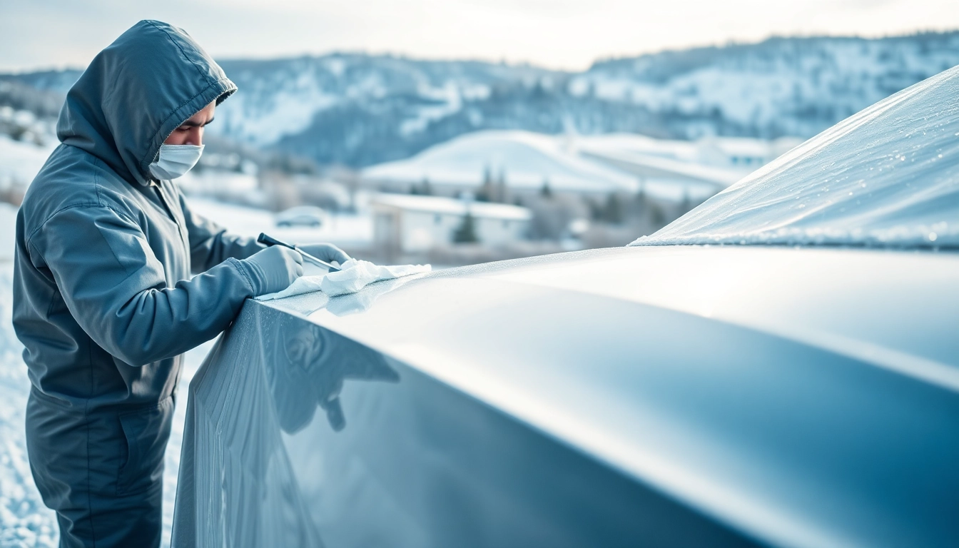 Apply winter car protection Chattanooga expertly on vehicles in a snowy landscape.