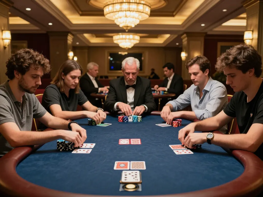 Players engaging in high-stakes poker at fly88 casino with luxurious decor and vibrant atmosphere
