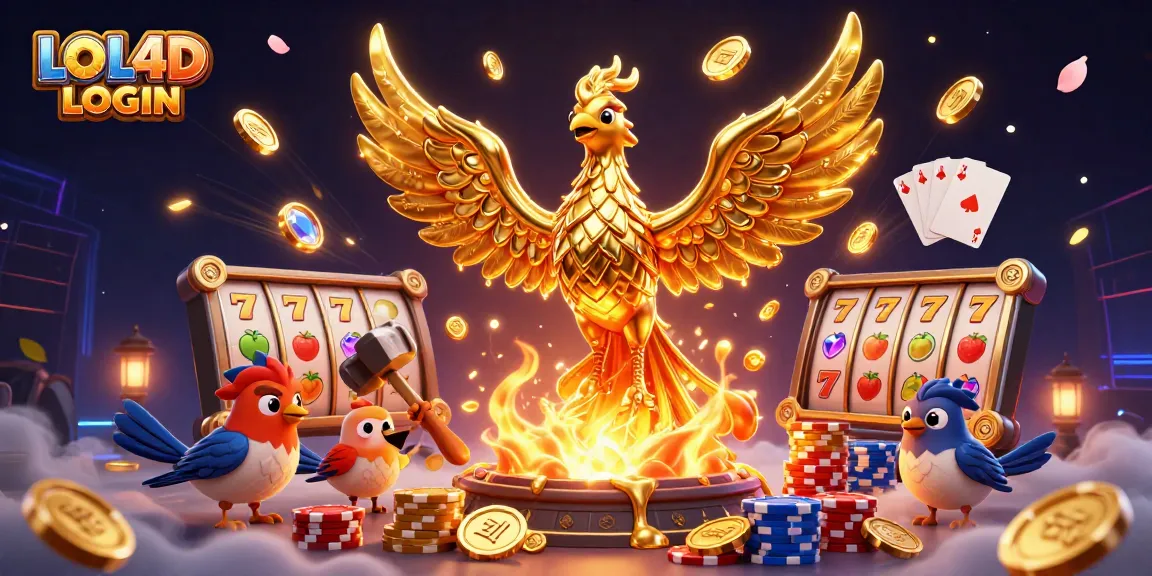 Olahragakan slot online dengan LOL4D LOGIN, menampilkan phoenix emas, koin, dan simbol slot menarik.