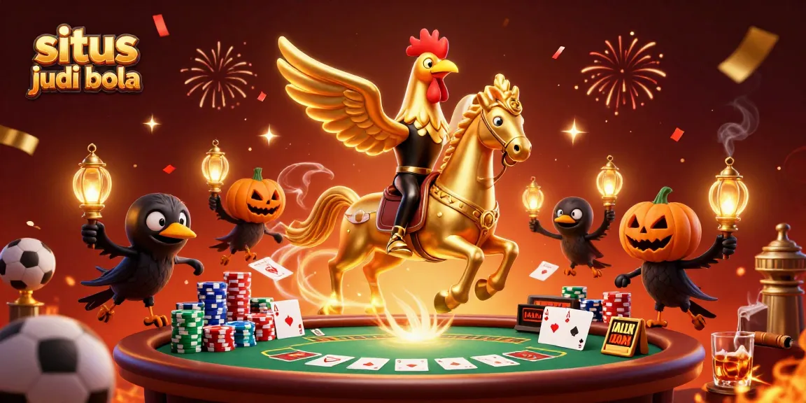 Experience situs judi bola excitement with a golden rooster and friends at a vibrant sports betting casino scene.