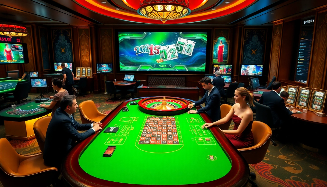 Un groupe de joueurs excités profitant d'une expérience de jeu dans un casino fiable en ligne avec des tables et des écrans vibrants.