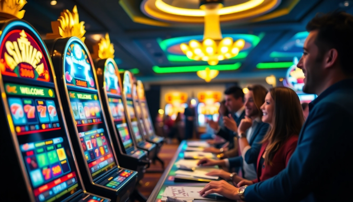 Neue casino bonus ohne einzahlung in einem lebendigen Casino mit Spielautomaten und fröhlichen Spielern.