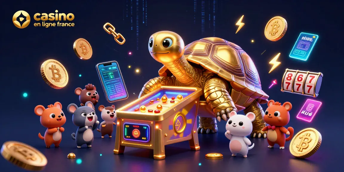 Jouer au casino en ligne France avec une illustration 3D d'une tortue colossal dorée comme machine à pinball, entourée de crypto-monnaies.