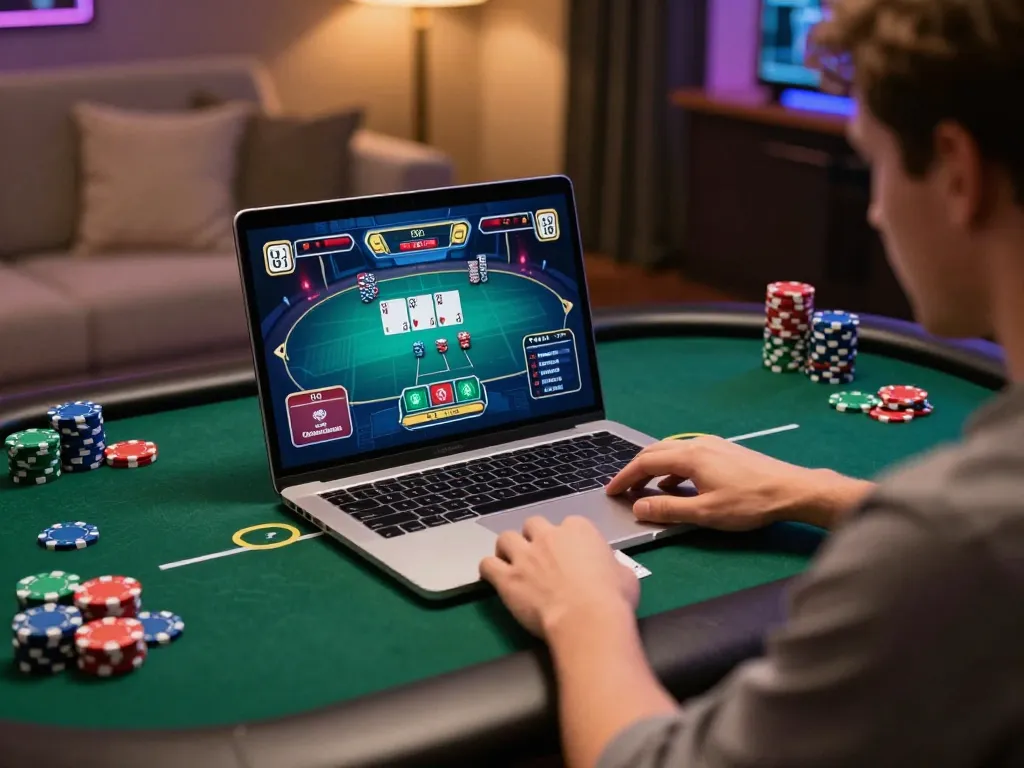 Engaging in online poker at a casino non aams, showcasing strategy and excitement in a cozy home setting