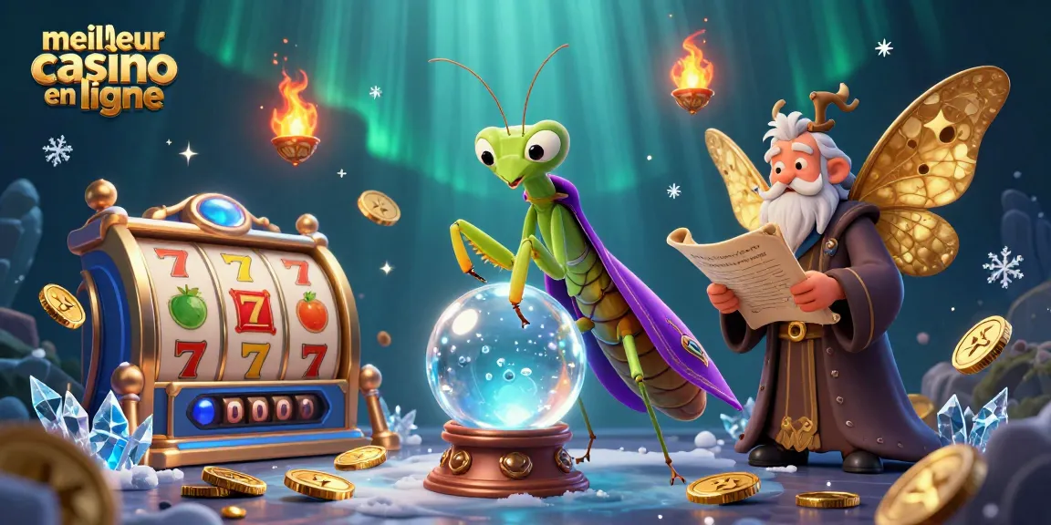 Visualisez le meilleur casino en ligne avec un caméléon cartomancien et un hibou sage, entouré d'éléments de jeu captivants.