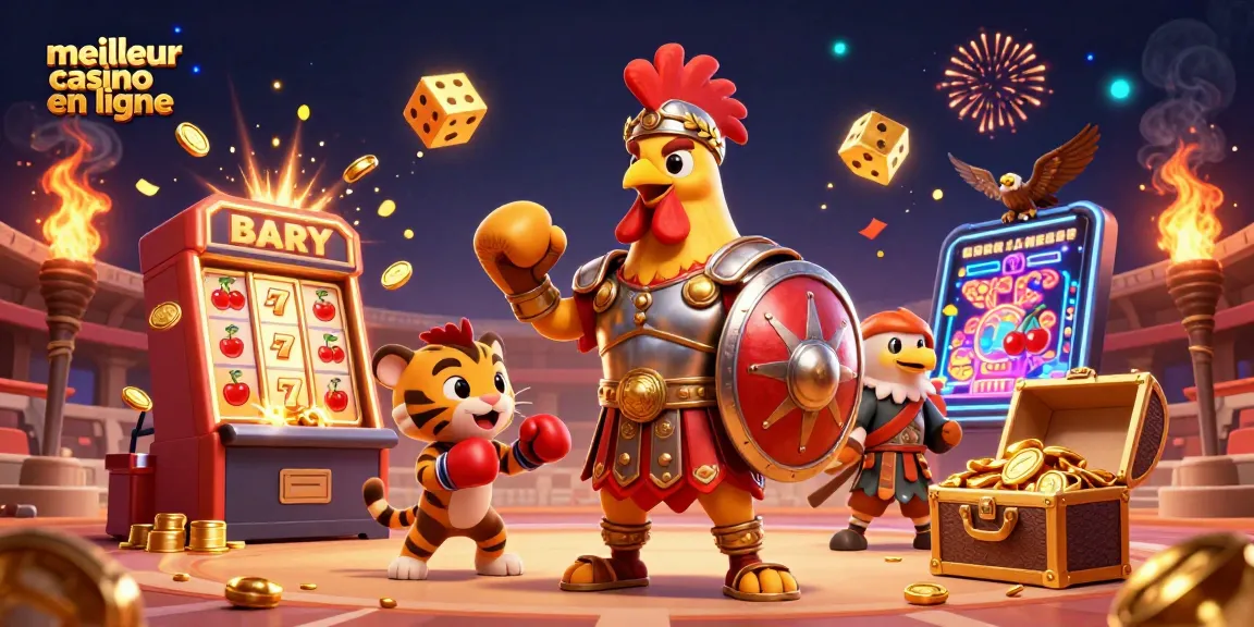 Découvrez les jeux captivants du meilleur casino en ligne avec un combattant cartoon de coq et un tigre cubique.