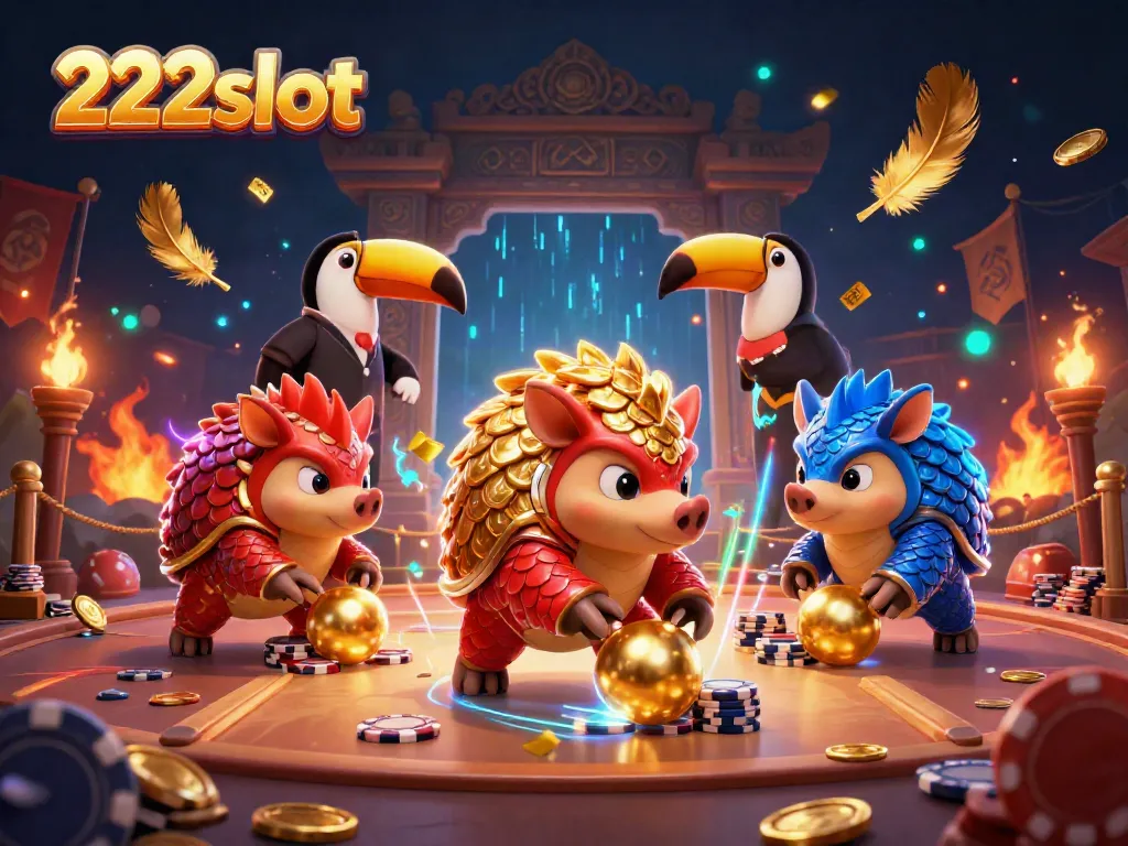 Mainkan 222slot dengan dua pangolin bersaing dan tumpukan chip poker dalam suasana yang megah.