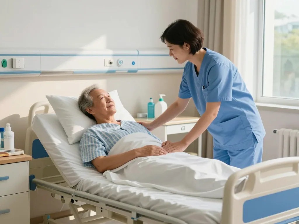 Comfortable giường bệnh nhân in a healthcare room with caregiver adjusting settings for elderly patient.