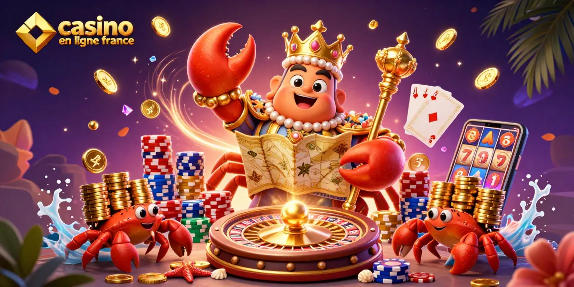 Visuel dynamique captivant de casino en ligne France avec un crabe doré, des jetons de poker et des cartes.