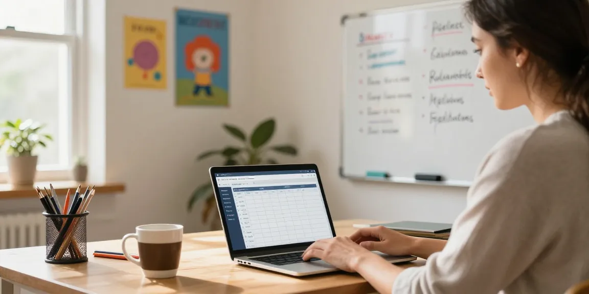 Teacher using online lesson planner EMStudio for classroom management surrounded by vibrant educational tools.