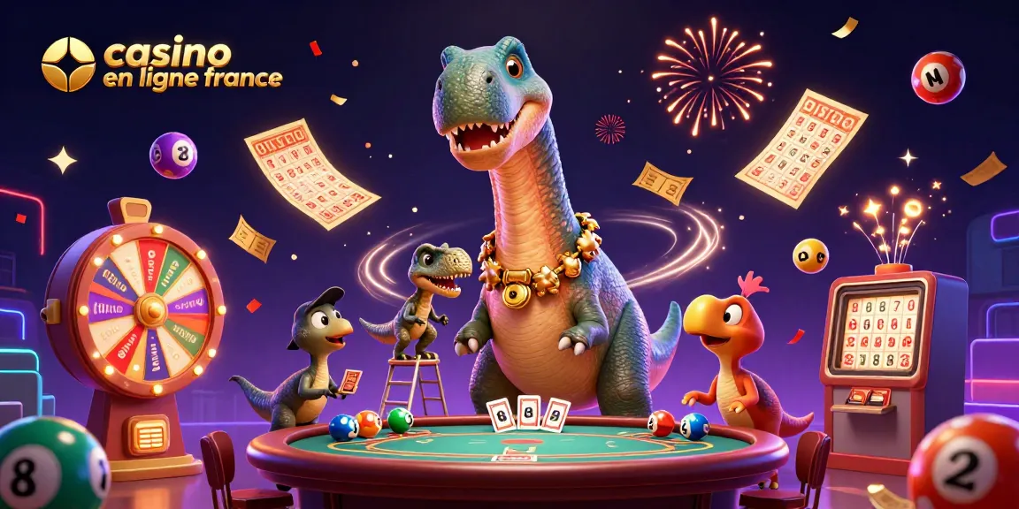 Jouez à des jeux passionnants dans un casino en ligne France, avec des personnages de dinosaures animés et des éléments de loterie.