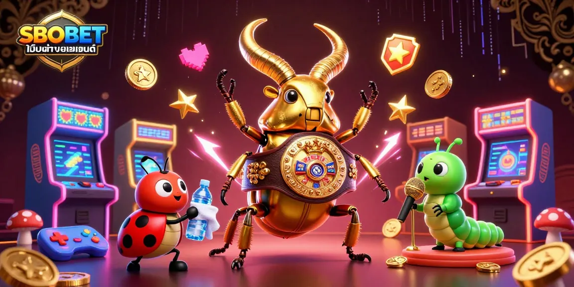 SBOBET เว็บตรง ไม่ผ่านเอเย่นต์ champions face off in a vibrant casino illustration with arcade elements and dynamic lighting