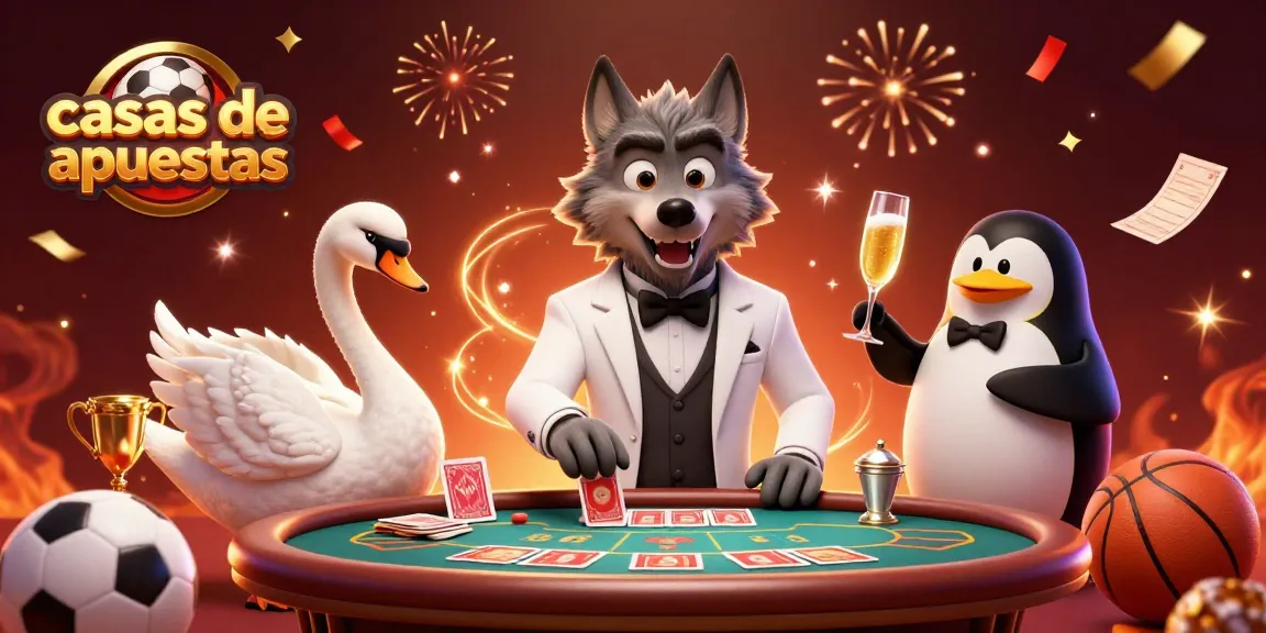 Apuesta en casas de apuestas con un lobo elegante y una pareja de personajes en un ambiente festivo