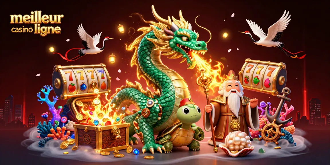 Explorez le meilleur casino en ligne avec un dragon émeraude et des éléments de machines à sous.