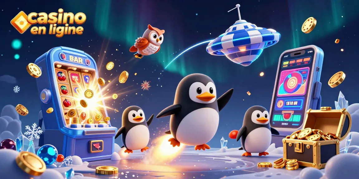 Le casino en ligne dynamique avec un pingouin doré propulsé par des fusées, accompagné de machines à sous et de symboles de jackpot.