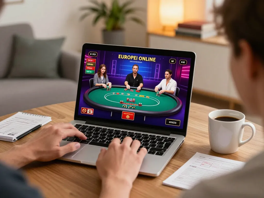 Engaging home setup for playing casino europei online with laptop and poker game on the screen