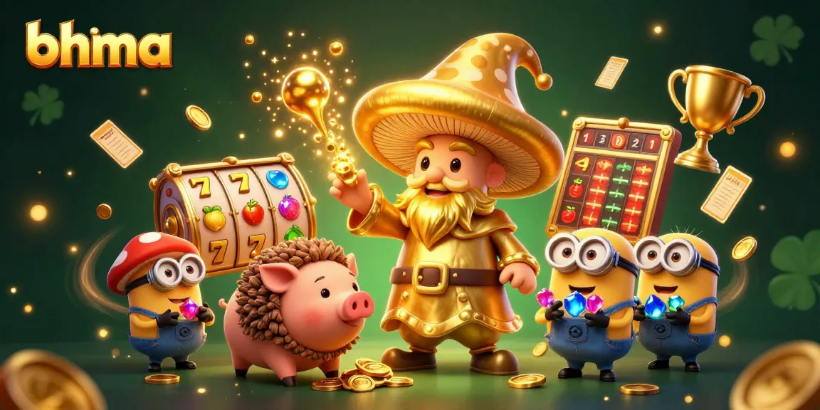 bhma highlights a magical casino scene with golden characters and slot machine elements.