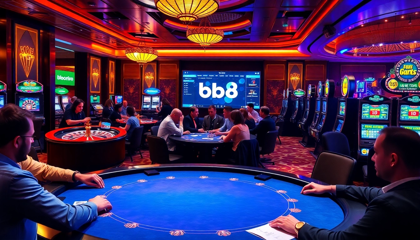 Experience thrilling gameplay at bk8's luxurious casino, featuring poker, roulette, and vibrant slot machines.