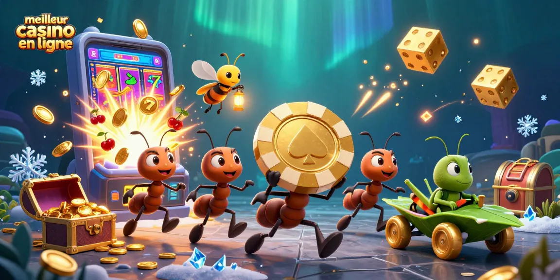 Des fourmis transportent un jeton de poker géant au meilleur casino en ligne, à travers un tunnel rempli de trésors.