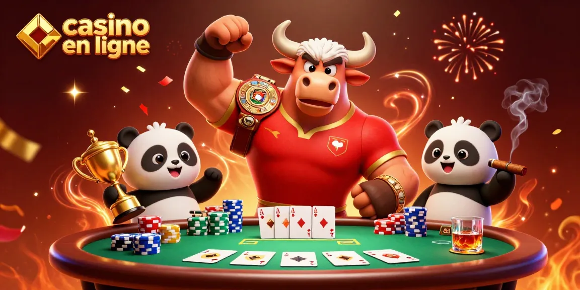 Jouer au casino en ligne : une victoire entourée de jetons et de cartes avec un taureau musclé.