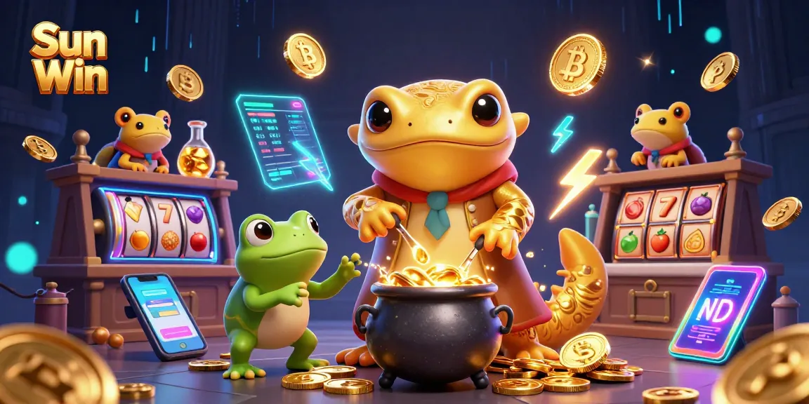 Experience the excitement of Sun Win with a vibrant 3D cartoon casino scene full of gold coins and jackpot symbols.
