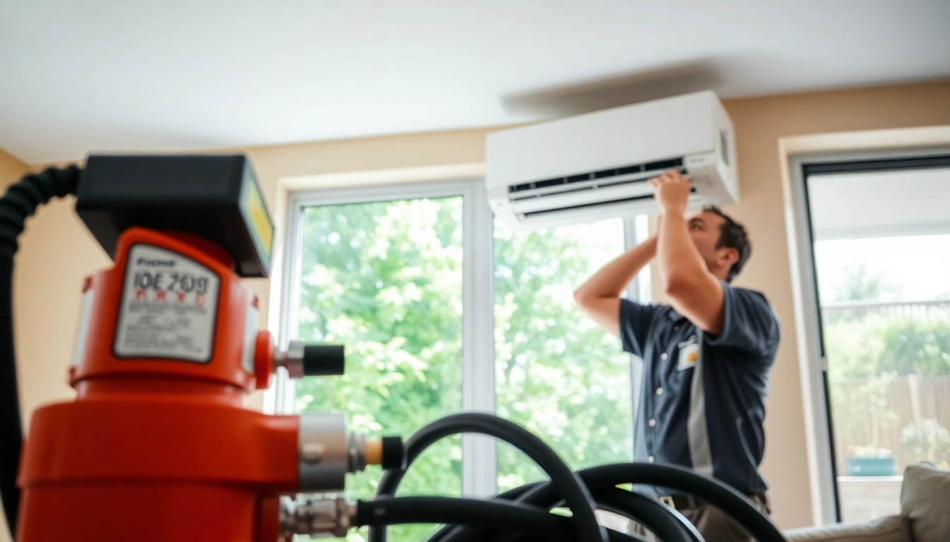 Technician practicing ductless mini-split installation in a modern home setting with bright sunlight.