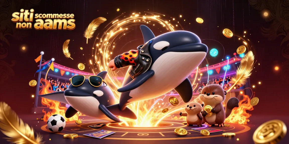 Siti scommesse non aams: In un'illustrazione 3D, un'orca biker salta accanto a una manta e lontre con monete d'oro, immersi in un ambiente di scommesse sportive.