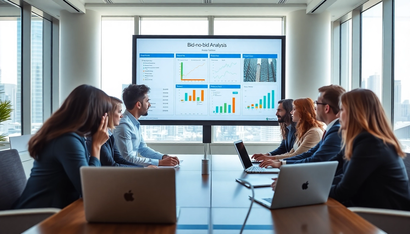 Engaged team analyzing Bid-No-Bid Analysis. during a business meeting in a contemporary office.