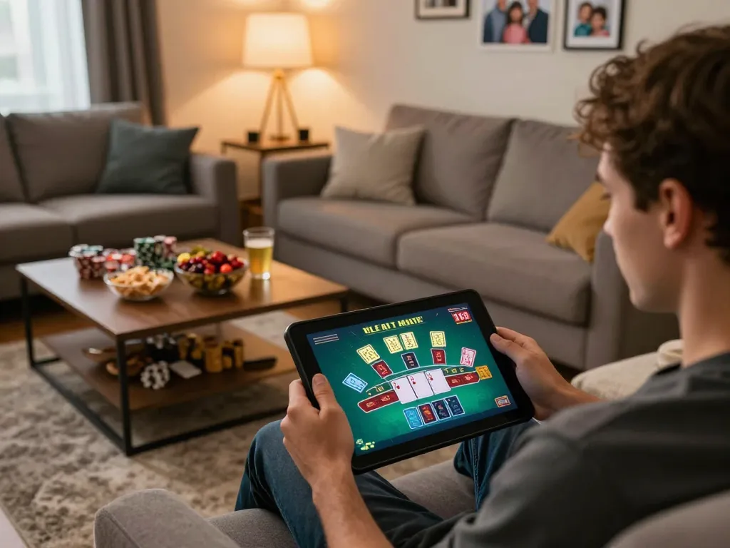 Player engaged in online casino gaming featuring ae888, enjoying a relaxing home environment.