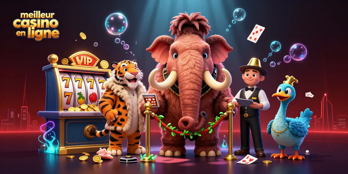 Illustration animée de mammouth et dodo devant le meilleur casino en ligne, ambiance dynamique et colorée.