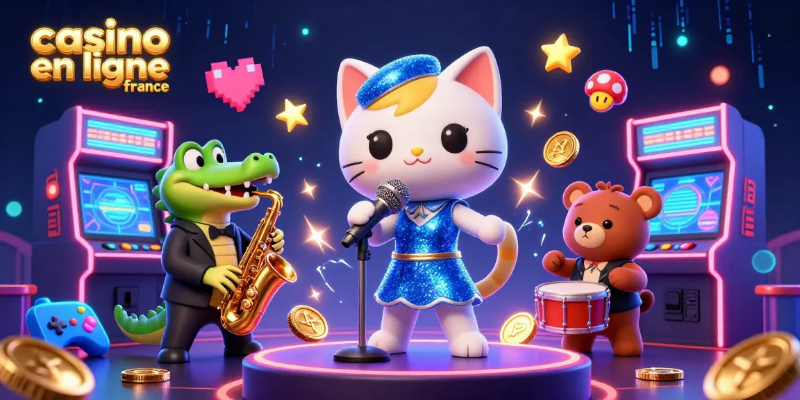 Illustration animée d'un chat chanteur sur scène de casino en ligne France, captivant l'attention dans une ambiance festive.
