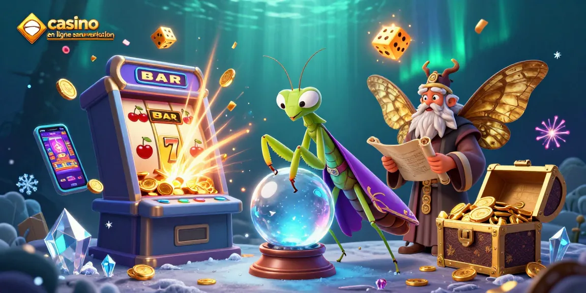 Image captivante d'un casino en ligne sans vérification avec une mante de divination et un livre ancien.