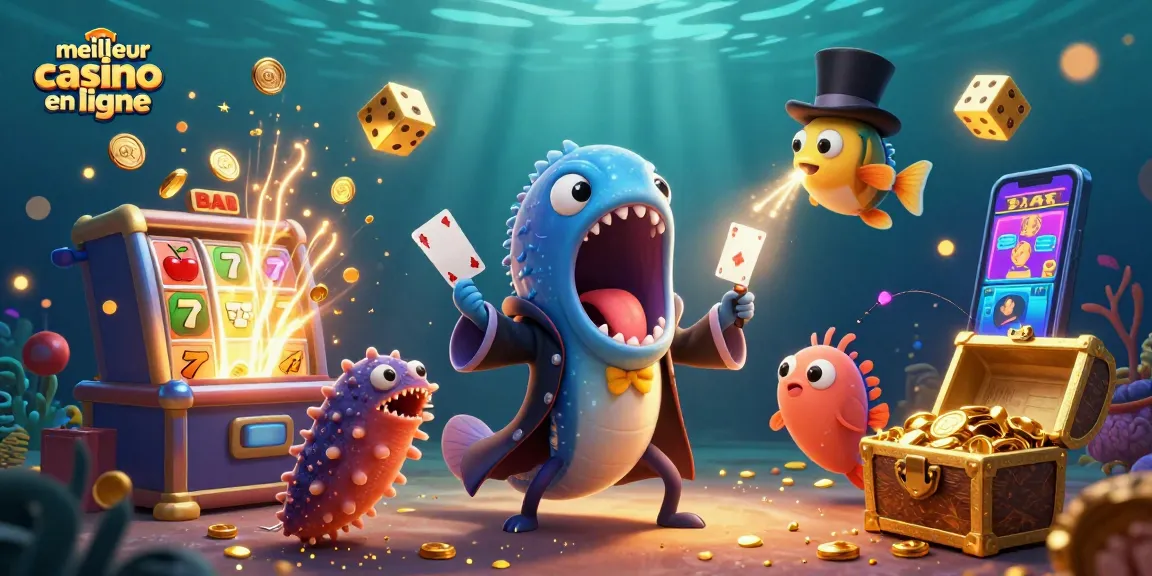Illustration animée 3D d'une anguille de mer avec le slogan "meilleur casino en ligne" et des jeux de casino.