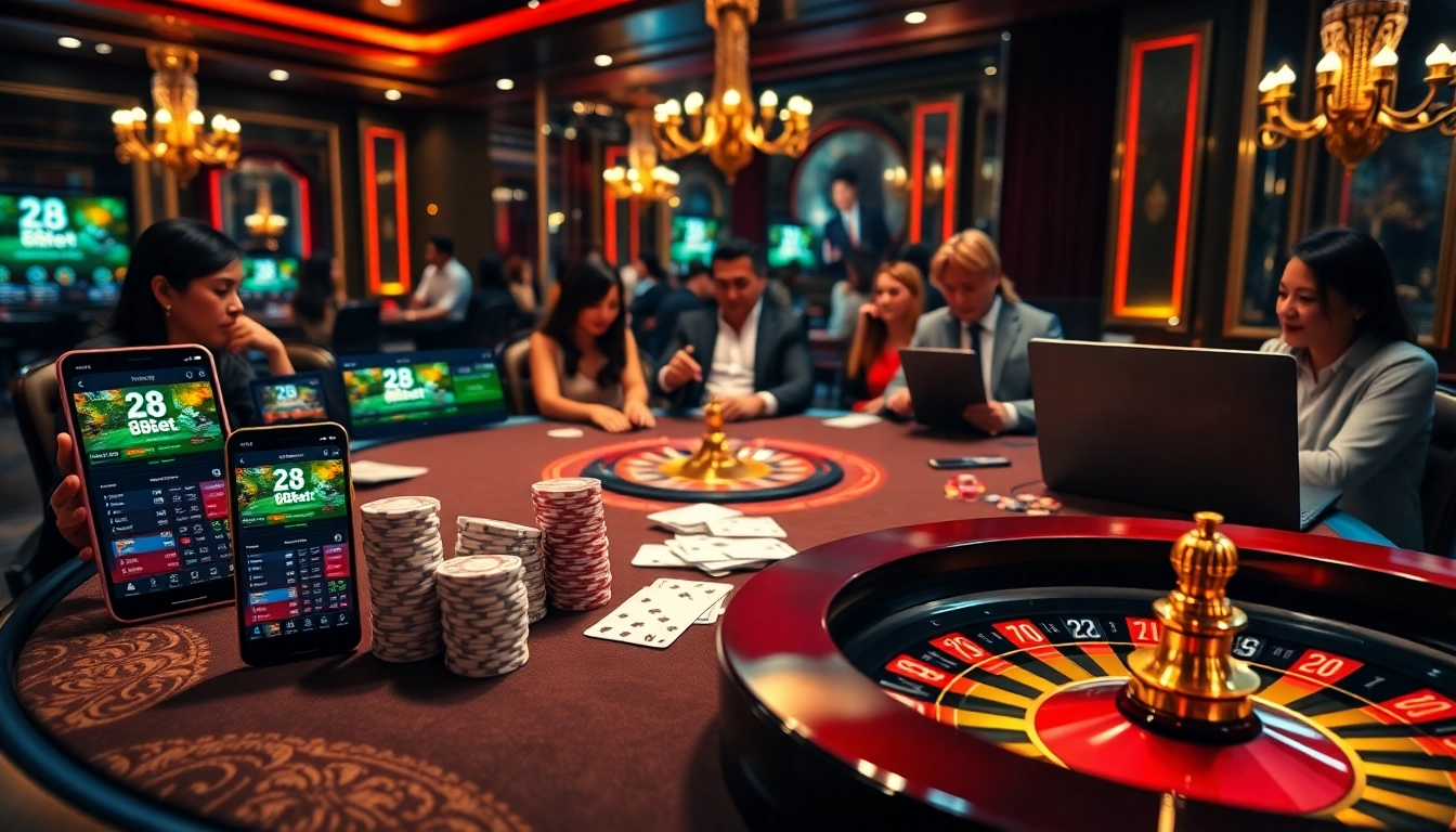 Engaging gamblers at a luxurious 28Bet casino table with poker chips and cards.