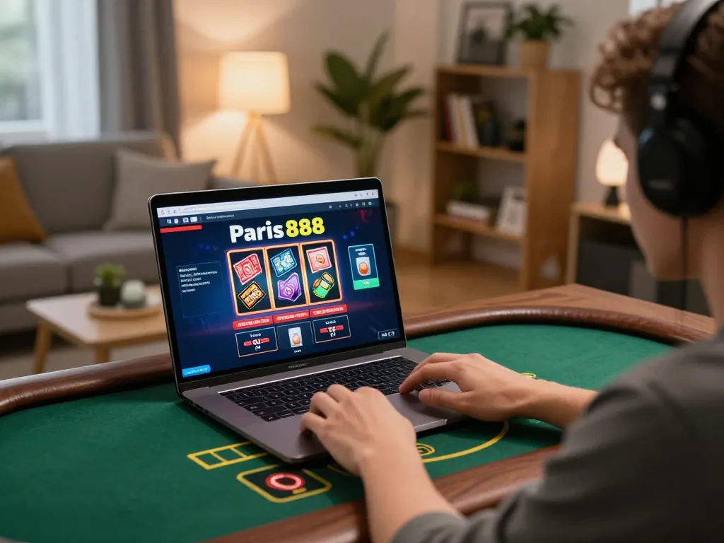 Engaging with paris888 online gaming platform at home, showcasing an exciting gambling setup.