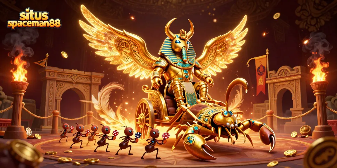 Engage with situs spaceman88's thrilling 3D casino scene featuring a golden scarab and scorpions.